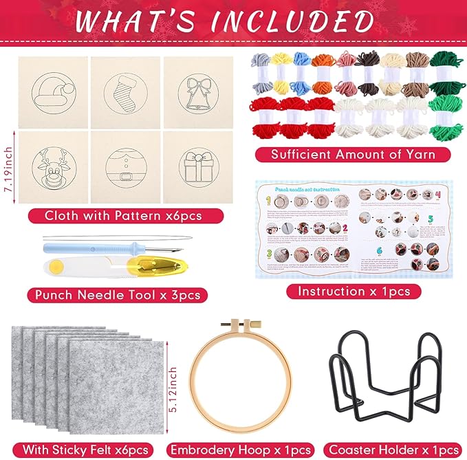 Yaomiao 6 Pcs Christmas Punch Needle Coaster Kit Punch Needle Embroidery Kits Craft Supplies with Patterns Yarns Tools Adhesive Felt Embroidery Hoop Instruction Holder for Adult DIY