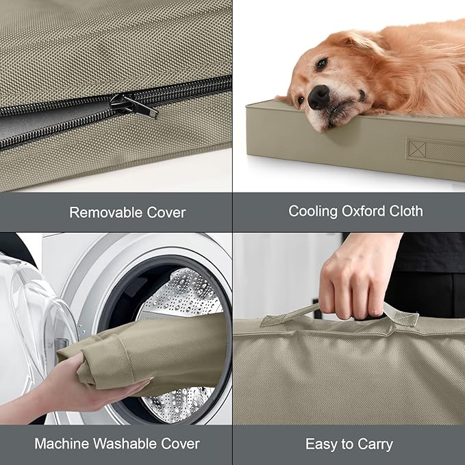 Tail Stories Outdoor Large Washable Dog Bed, Orthopedic Egg Crate Foam Dog Crate Mat for Large Dogs with Removable Oxford Cooling Cover, Khaki