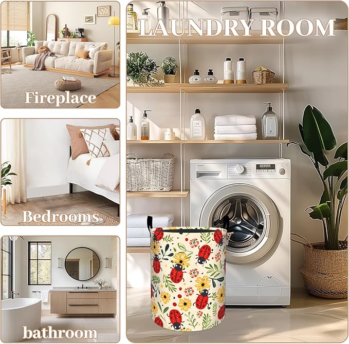 ainori Cute Ladybug Laundry Basket, Oxford Cloth Cartoon Whimsical Dirty Clothes Collapsible Hamper for Room Decor, Floral Insect Print Gifts Toy Organizer 19.7 * 15.8 Inch for Bedroom Bathroom Dorm