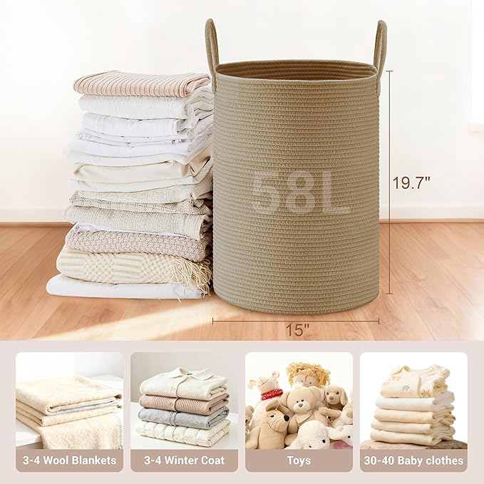 SunNewt Tall Laundry Basket with Handles, 58L Portable Dirty Clothes Hamper, Boho Cotton Rope Storage Bin for Blankets Kids Toys Gifts, Decorative Organizer for Baby Nursery Bedroom Bathroom, Jute