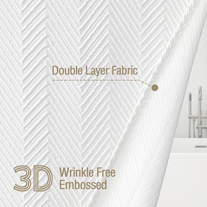 Gibelle Extra Long Shower Curtain 72 x 84, Tall 3D Embossed Textured White Fabric Shower Curtain, Modern Farmhouse Herringbone Decorative Bathroom Curtains Shower Set with Hooks