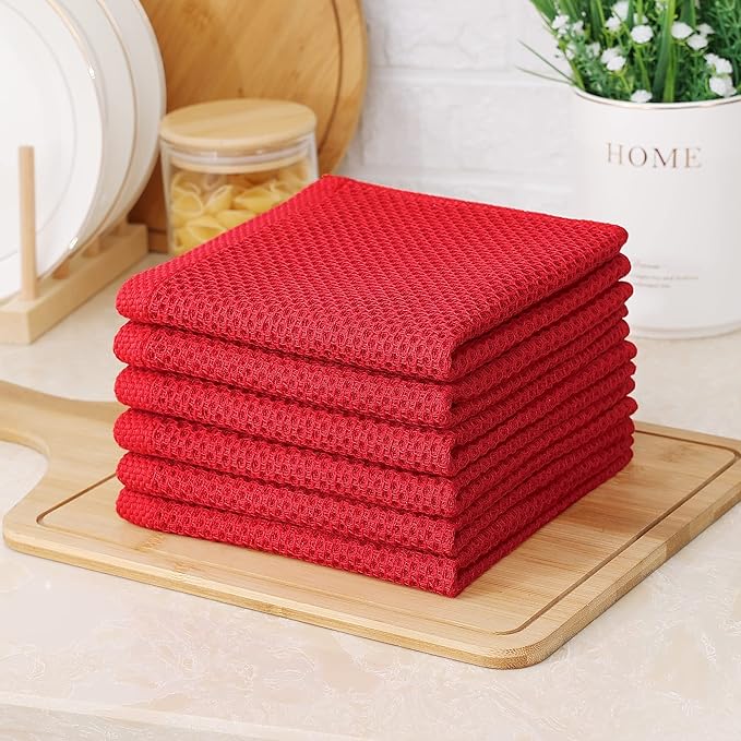 Kitinjoy 100% Cotton Kitchen Dish Cloths, 8 Pack Waffle Weave Ultra Soft Absorbent Dish Towels for Drying Dishes Quick Drying Kitchen Towels Dish Rags, 12 X 12 Inches, Red
