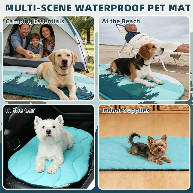 PUPTECK Reversible Outdoor Travel Dog Bed Waterproof, Camping Essentials with Carry Bag, Portable & Foldable Pet Pad Crate Kennel Mat for Large Medium Small Dogs, Travel Accessories, 43”x26” Blue