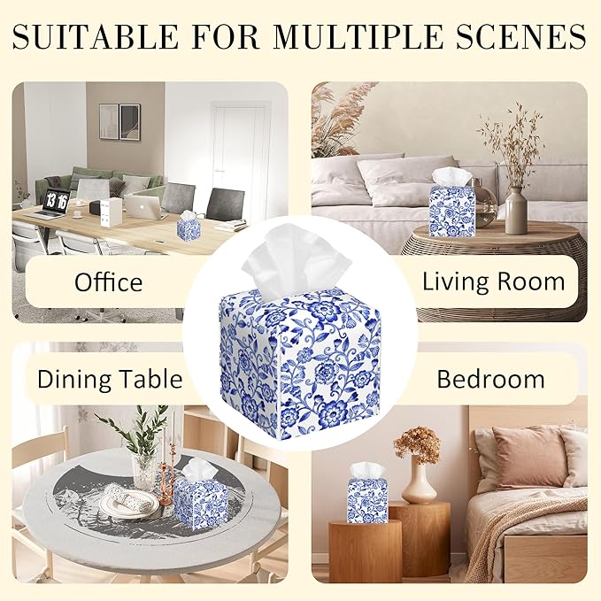 POIUBLE Leather Tissue Box Holder Watercolor Blue Flowers Tissue Box Cover Square Waterproof Tissue Holder Organizer Modern Napkin Holder for Bedroom Dresser Night Stand Office Desk
