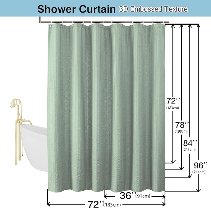 Aiyufeng Moga Sage Green Shower Curtain 84 Inches Long, 3D Embossed Textured Fabric Shower Curtain for Bathroom - Soft Cloth & Hotel Spa Luxury, Machine Washable, 72X84, Sage Green