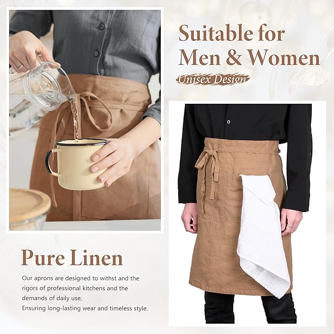 Pure Linen Bistro Half Apron - 25 x 35 Inch Unisex Waist Aprons with Large Pocket Ideal for Kitchen Crafts and More