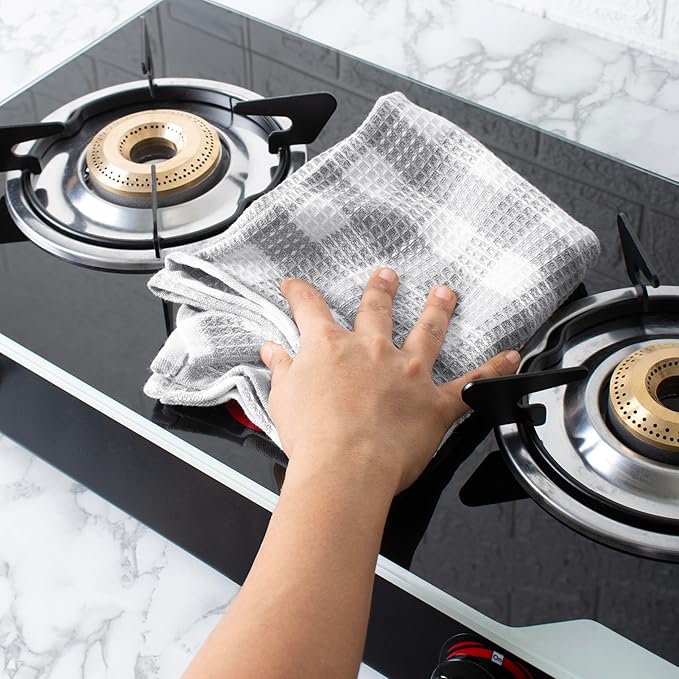 Blue Needles Waffle Weave Check Plaid Kitchen Towels, 15x25 Inches 100% Cotton Set of 6 Dish Towels for Kitchen, Soft & Absorbent for Quick Drying with Hanging Loop Spring Summer - Ash Grey & White