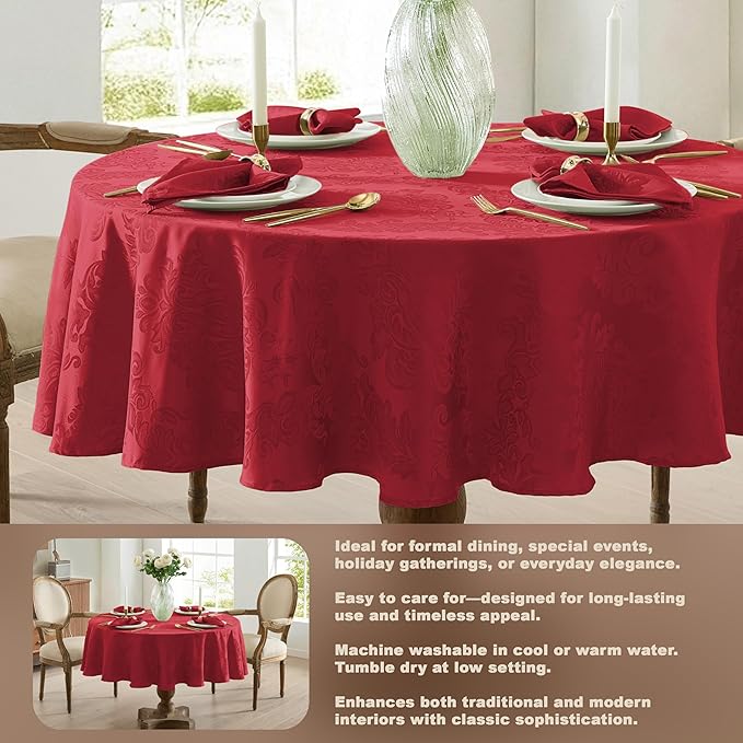 Newbridge Barcelona Damask Fabric Tablecloth, 90 Inch Round, Red – No Iron, Soil Resistant Table Cover for Dining, Parties and Holidays