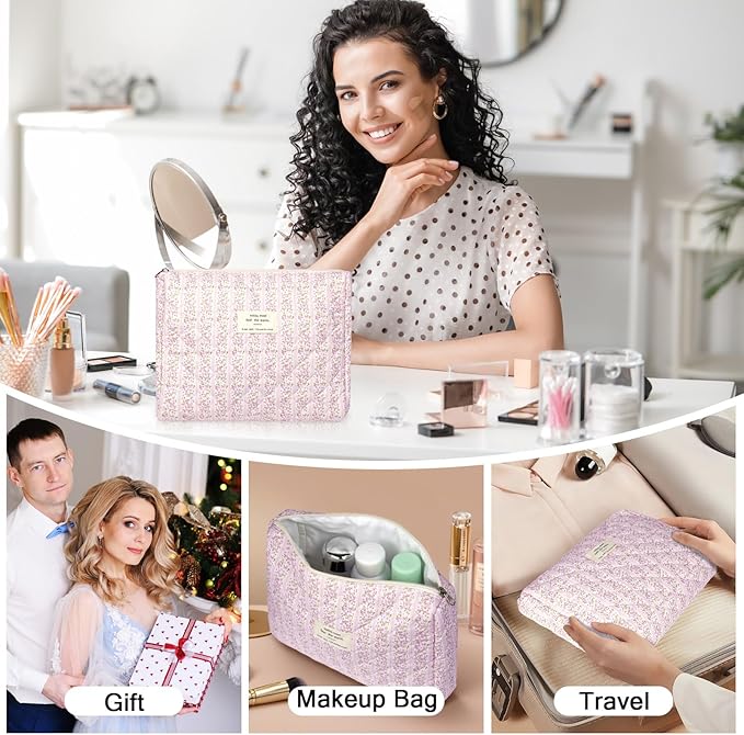 Gosect 2PC Makeup Bag Set, Cute Cosmetic Bag for Women Girls, Floral Coquette Aesthetic Toiletry Bag, Travel Make Up Organizer Bag (Pink Floral)