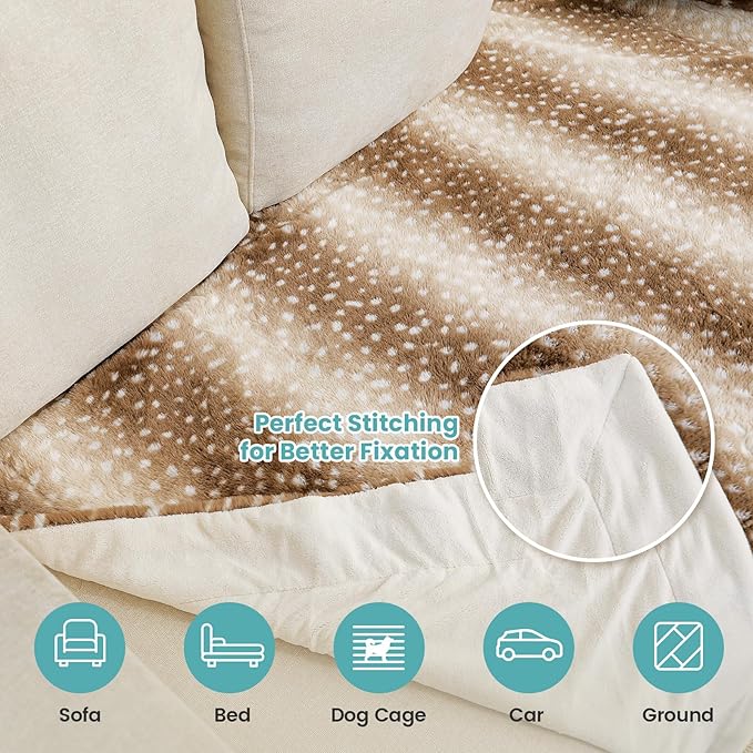 COZY KISS Waterproof Pet Blanket, Christmas Faux Fur Deer Print Blanket, Woman Sofa Bed Couch Throw, Liquid Pee Proof for Large Dog or Cat, Reversible, Washable, Ultra Soft, 40x60 inch, Brown