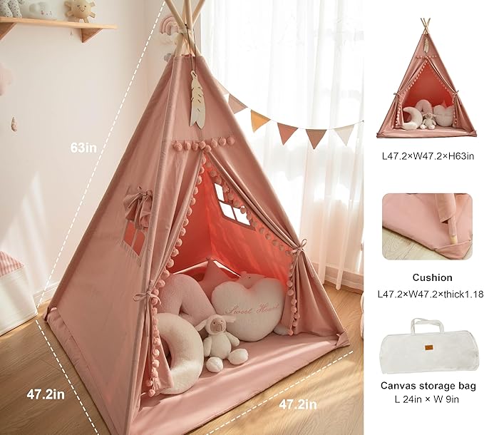 Teepee Tent for Kids with Padded Mat Foldable Tone Play Tents for Girl and Boy Canvas Tepee Playhouse for Child Indoor Outdoor