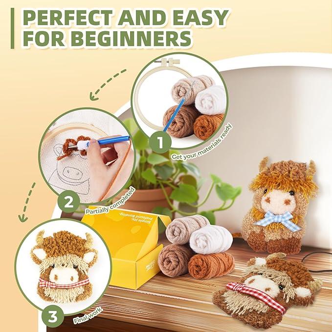 Punch Needle kit-4,Embroidery kit for Beginners,Punch Needle Kits Adults Beginner,Needles, Curved Scissors, a Tool Storage Box, Yarn, Easy-to-Follow Instructions, and Tutorial Videos(4 Highland Cow)
