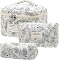 Cozomga Quilted Makeup Bag, Large Capacity Travel Cosmetic Bag for Women and Girls, Aesthetic Storage for Daily and Travel Use (3pcs-BlackFloral)