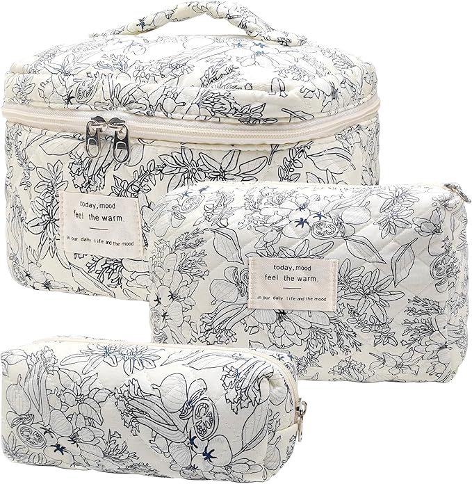 Cozomga Quilted Makeup Bag, Large Capacity Travel Cosmetic Bag for Women and Girls, Aesthetic Storage for Daily and Travel Use (3pcs-BlackFloral)