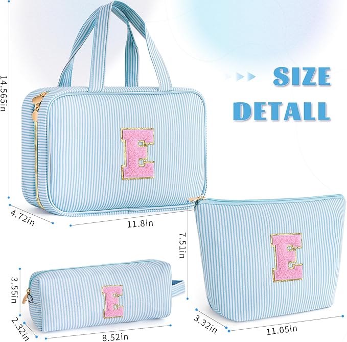 Fystdtote Personalized Initial Toiletry Makeup Bag - Travel Cosmetic Bag for Mom,Niece,Teen Girl Birthday Gifts - Blue E
