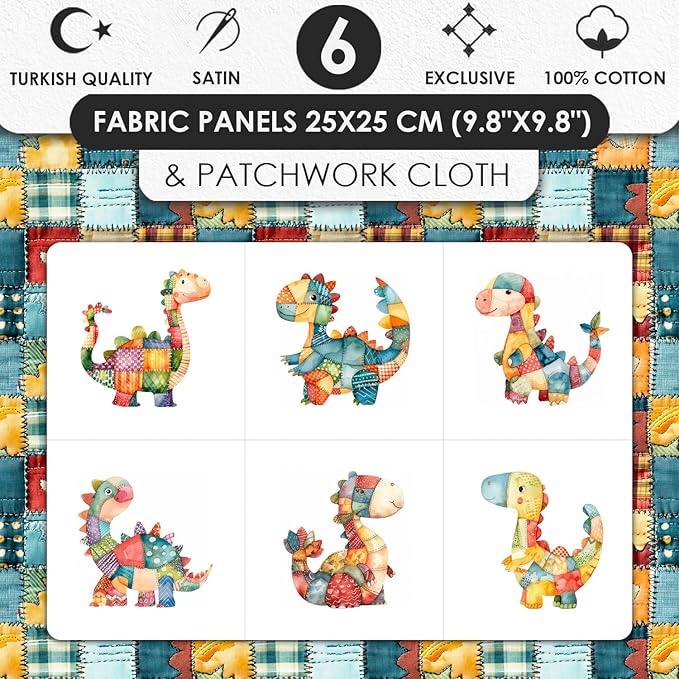 Patchwork Dinosaur Cotton Fabric Panel – 6 Designs (10×10 inch Each) + Bonus Sheet 29.5×19.6 inch, 100% Cotton 140 GSM, Made in Türkiye