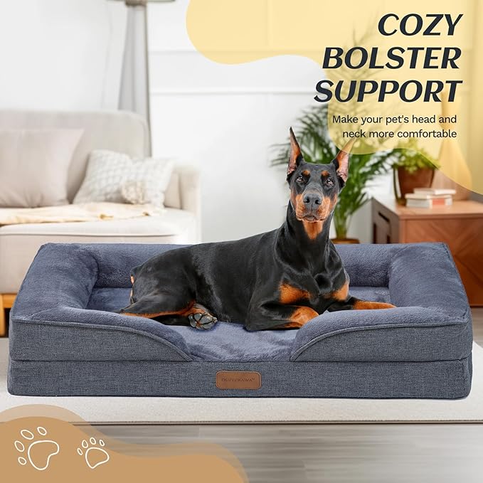 OUPEIWAWA Extra Large Dog Bed Orthopedic with Bolster Sides Removable Egg-Crate Foam Waterproof Liner Pet Bed Sofa Couch with Removable Washable Cover Non-Slip Bottom, Dark Gray