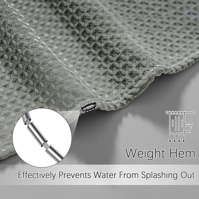 PANGSINNE Shower Curtain Gray Waterproof Waffle Weave Fabric, 256GSM Heavy Duty Thick Shower Curtain Set for Bathroom, Hotel Spa Luxury Modern Shower Curtains with 12 Metal Hooks, 72Wx78H Grey