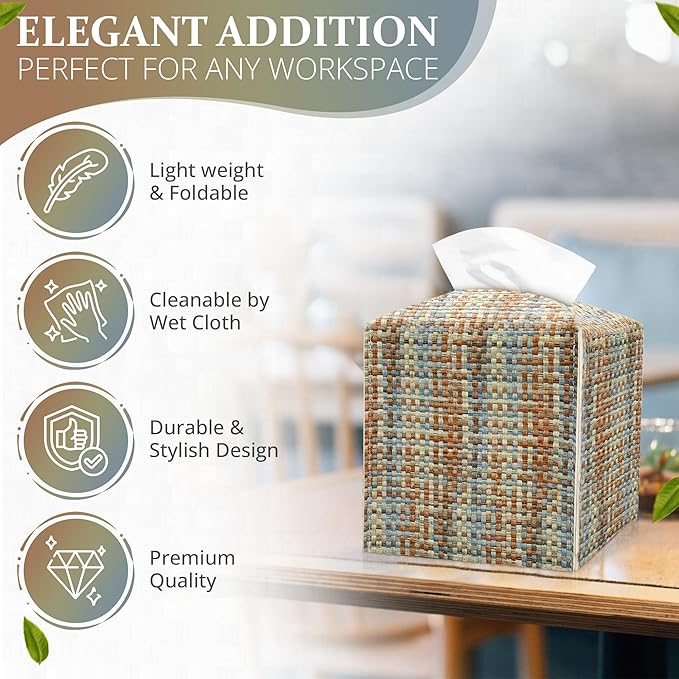 PU Leather Tissue Box Cover with Bottom Belt - Modern Square Tissue Box Holder with Wide Opening - Blue White Camel, Woven Patterns