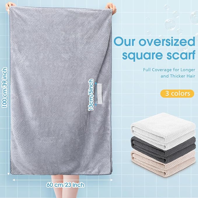 Breling Gray 3 Pack Large Microfiber Hair Towel 24 x 38 Inch Absorbent Wrap Turban Quick Dry for Women Men Curly Hair Shower