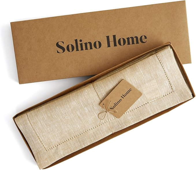 Solino Home Linen Placemats Set of 4 - Milan Hemstitch Champagne Beige Placemats 14 x 19 Inch - 100% Pure Linen Table Mats for Spring, Easter