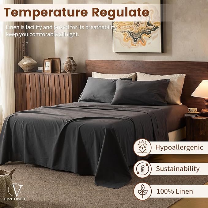 100% Linen Sheets King Size,Breathable & Durable 4-Piece Bed Flax Sheet Set,Soft All-Season Bedding for Hot Sleepers 16" Deep Pocket Oeko-TEX Certified,（King, Dark Grey）