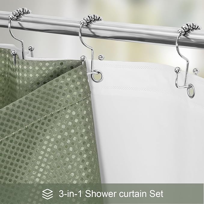 Craidlela 3 in 1 Extra Long Shower Curtain Set-72 W x 84 H, Sage Green Waffle and PEVA Liner Set with 12 Stainless Steel Hooks, Waterproof Fabric for Bathroom