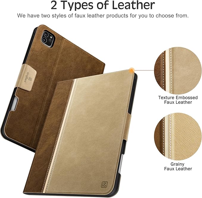 KingBlanc Case for iPad Pro 11-inch 4th/3rd/2nd Generation (2022/2021/2020) with Pencil Holder, Vegan Leather Bicolor Stand Cover, Auto Sleep Wake, Apple Pencil 2. Charging, Multi-Angle Viewing, Beige