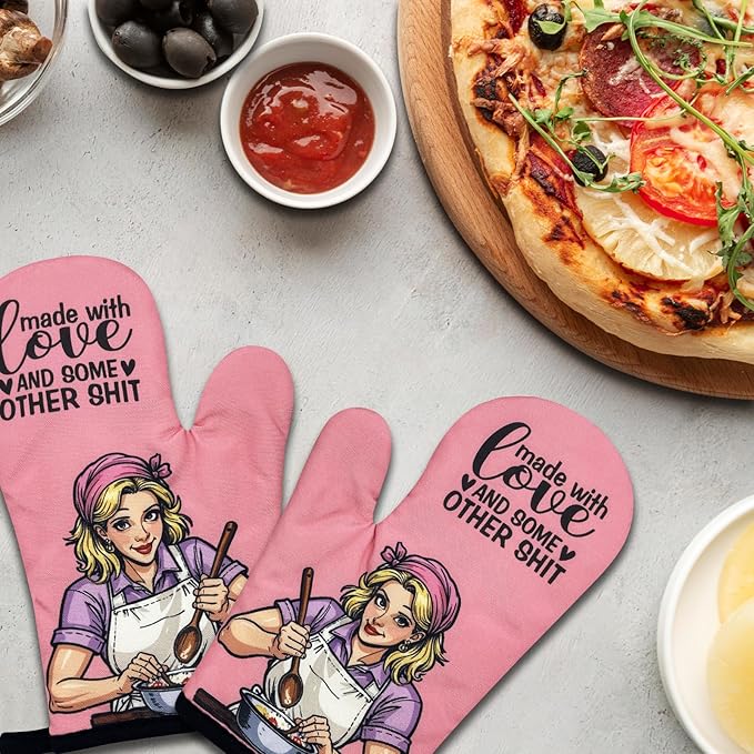 2 Pack Funny Baking Oven Mitts, Made with Love and Some Other Shit, Vintage Lady Heat Resistant Non-Slip Mitts, Humorous Bake Lovers Gifts, Housewarming Gifts for Women Hostess Chef Friend