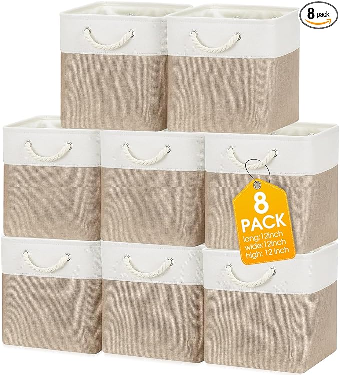 meekoo 8 Pack Collapsible Storage Bins Fabric Storage Bins Polyester Fabric Baskets with Handles Linen Closet Organizer for Shelf Home Closet Towels Toys(12 x 12 x 12 in,Beige)