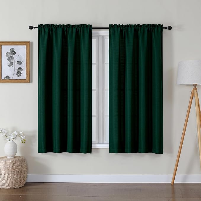Lecloud Bessie Hunter Green Curtains 45 Inch Length 2 Pcs, Light Filteringn Airy Warm Faux Linen Textured Curtains, Durable Rod Pocket Window Treatments for Bedroom Laundry Room, Each 30" W x 54" L