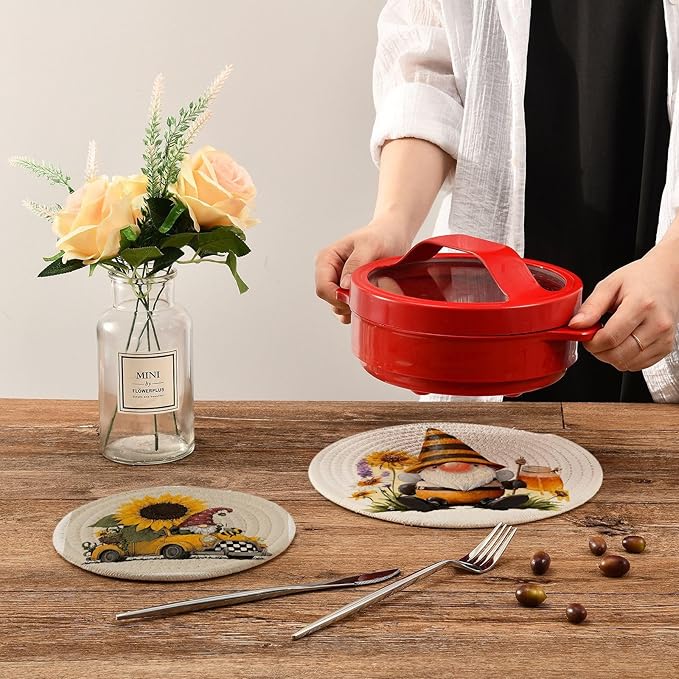 Boccsty Spring Gnome Trivets for Hot Pots and Pans Sunflower Truck Pot Holders 2PCS Hot Pads Kitchen Pot Holder for Counter Table Countertop Farmhouse