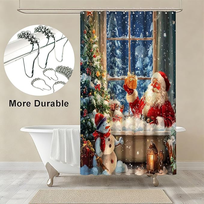 mutakin Vintage Christmas Shower Curtain Retro Santa Claus Shower Curtains for Bathroom Waterproof Fabric Bath Curtain Decor with Hooks