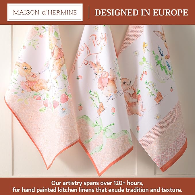 Maison d'Hermine Kitchen Towels Set of 3 100% Cotton 27.50" x 20" Reusable Cloth Tea Dish Towels Absorbent with Hanging Loop for Kitchen, Home, Dining, Cocktail Parties Spring/Summer (Bunny Party)