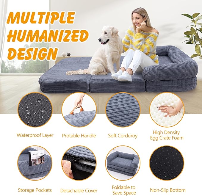 Foldable Human Dog Sofa Bed, 73x42x10 in Waterproof Corduroy Pet Bed with Egg Foam Mattress, Portable Dog Bed for Adults, Camping Indoor Use