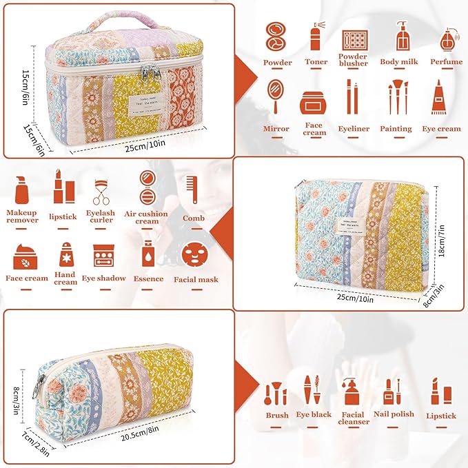 Gosect Quilted Makeup Bag Set, Large Floral Cosmetic Bag for Women, Cute Cotton Makeup Bag, Flower Travel Toiletry Organizer Bag(Color-Coded Floral)