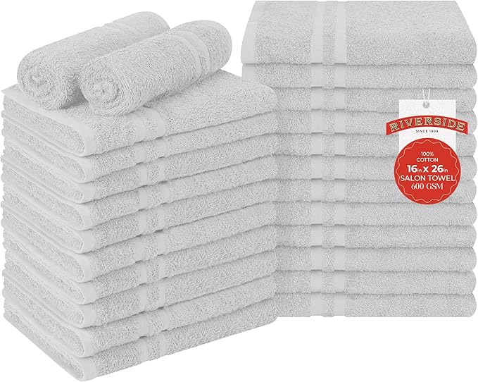 RIVERSIDE Pack of 24 Salon Towels Set (Not Bleach Proof), 16 x 26 Inches, 100% Ring Spun Cotton, Highly Absorbent & Quick Dry Hand Towels for Salon, Barber, Gym, Spa, Bathroom & Home, White