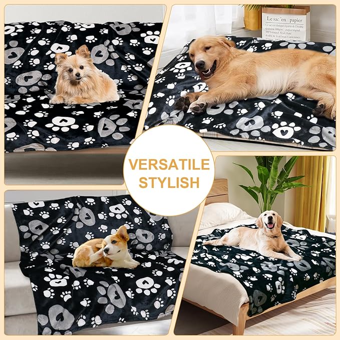 Gowyeg Dog Blanket, Soft Fleece Dog Blankets for Small Medium Dogs, Fluffy Flannel Pet Cat Puppy Blanket Mat Cover for Bed Couch, Cute Paw Print Throw Blanket for Dogs, Black, 40"X30"