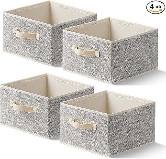 EITMOW Storage Baskets, 11-Inch Woven Fabric Bins, Storage Cubes with Reinforced Handles, Organizer Bins for Closet Shelves, Foldable, for Toys, Clothes, Natural Beige (4PCS/Beige-11*11*7.8inch)
