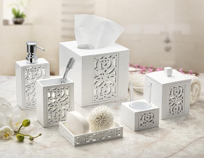 Creative Scents Mirror Janette White Tissue Box Cover Square - Decorative Square Tissue Box Holder for Bathroom with Durable Bottom Slider - Beautiful Mirrored Tissue Holder for Bathroom