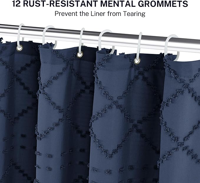 Siiluminisoy Extra Long Navy Blue Boho Shower Curtain Woven Fabric Farmhouse 96 Inch Curtain, 72 x Tufted Chevron Textured Striped Modern Minimalist Cloth Set with Hooks for Bathroom