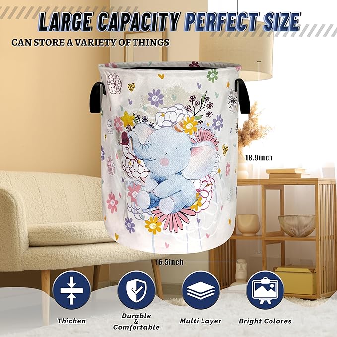 Cute Elephant Laundry Basket Oxford Cloth Colorful Flowers Animal Laundry Hamper With Handle Portable Clothes Storage Basket Foldable Funny Laundry Bag 18.9"x16.5" For Laundry Room/Bedroom/Bathrooms