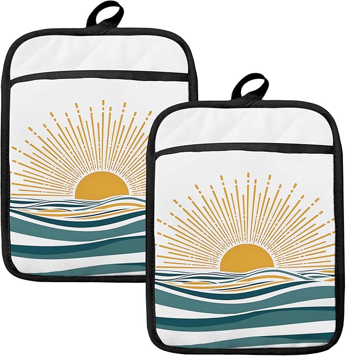 Boho Sun Sunrise Sunset Pot Holders for Kitchen, Sunshine Gifts for Women, Boho Mid Century Coastal Beach Heat Resistant Hot Pads and Oven Mitts for Baking Cooking