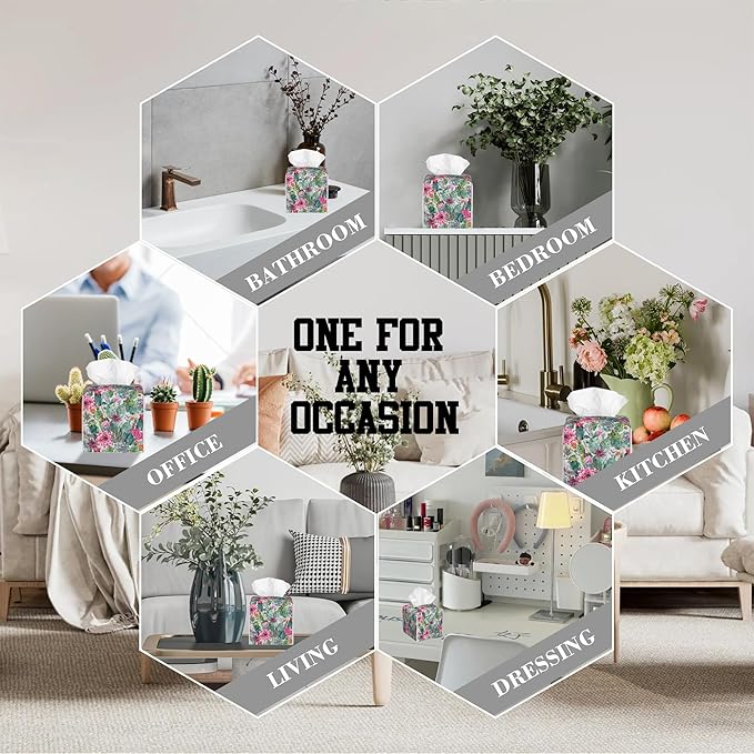 OHEGBXE Succulent Plant Tissue Box Holder Cactus Flower Square Leather Tissue Box Cover Modern Cube Facial Paper Cover Case for Bathroom Vanity Countertop Night Stands Tabletop