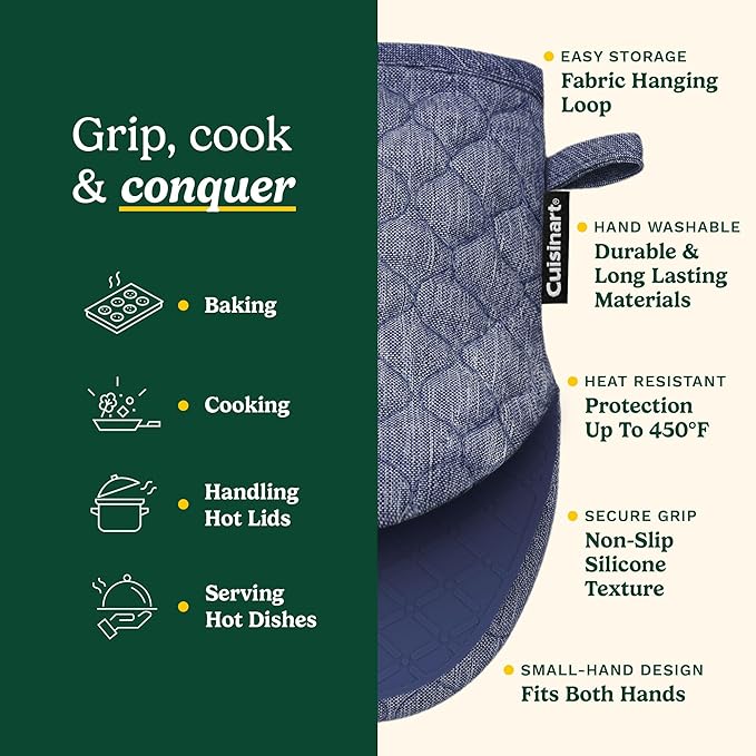 Cuisinart ShieldPro Silicone Oven Mitts – 5” x 8.5” Heat-Resistant Mini Kitchen Mitts for Oven with Non-Slip 100% Silicone Palm, Cotton Filling, and Hanging Loop (Indigo Blue)