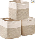 ICERZCZ 11 Inch Cube Storage Bins, Organizer Woven Cotton Rope Square Baskets for Organizing Shelves, Toys, Nursery, Off White & Brown (Pack of 3)