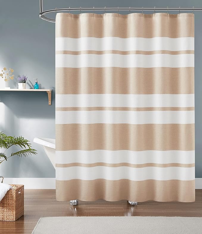 LinenZone 70" Wide x 72" Long Waffle Shower Curtain. Linen Shower Curtain with Adorable White Stripes for Modern or Hotel Decor. (Waffle 70 x 72 Linen)