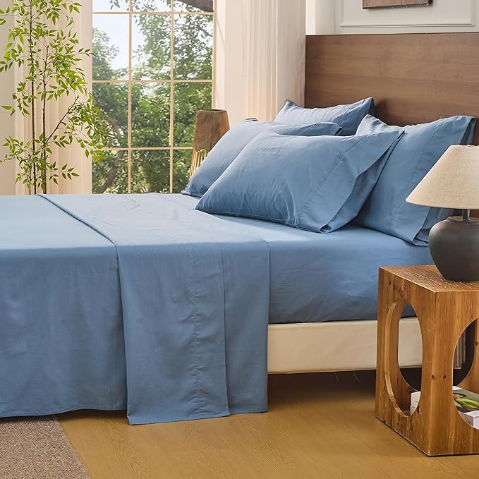 Bedlifes 100% French Flax Linen Sheets Set Queen Size - 6 Piece Extra Deep Pocket 18-24",Soft Breathable Queen Bed Sheets with Temperature Regulating & Moisture-Wicking(Flint Blue
