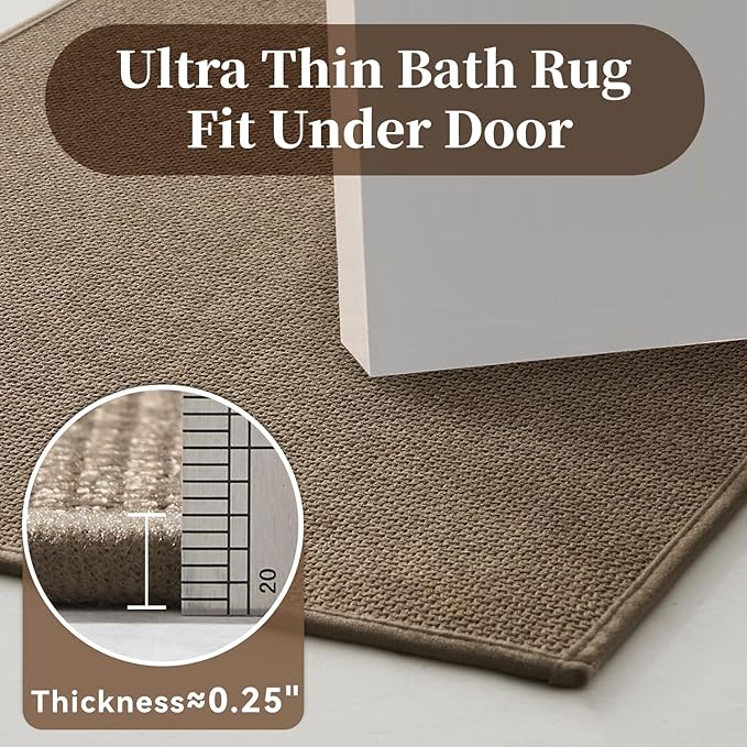 MontVoo Bath Mat Rug-Ultra Thin Non Slip Bath Mats for Bathroom Mat Quick Dry, Rubber Backing Washable Bathroom Rugs Fit Under Door, Absorbent Bath Rugs for Floor,20"x32",Khaki