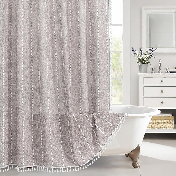 MitoVilla Boho Long Shower Curtain 72 x 78, Farmhouse 78 inch Long Polyester Linen Fabric Shower Curtains with Tassel for Chic Cottagecore French Rustic Bathroom Decor